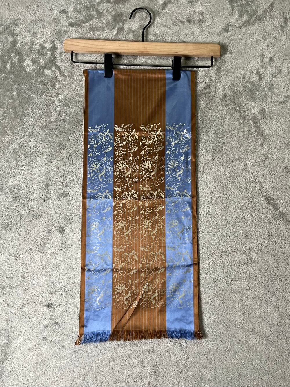 Vintage Blue Brown Floral 100% Silk Blend Oblong Scarf Fringe Retro Glam